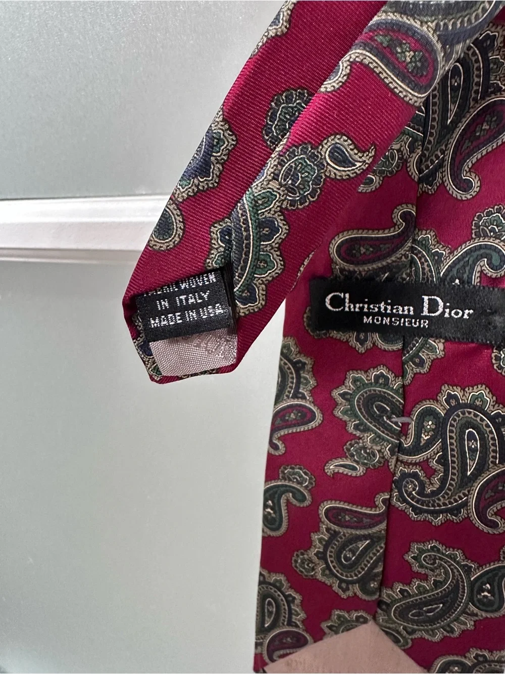 Vintage Christian Dior Monsieur 100% Silk Paisley Tie Burgundy Red Made in Italy
